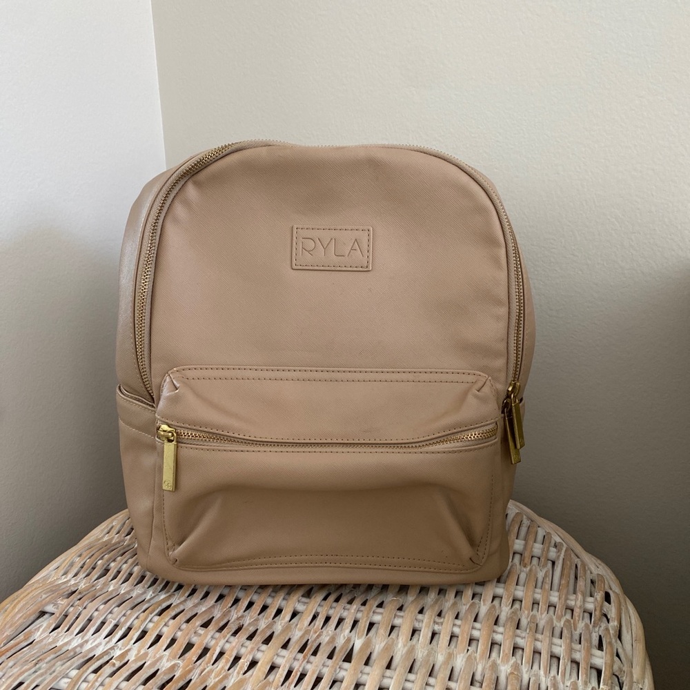RYLA Ready Diaper Bag Backpack Tan Vegan Leather Goldtone Hardware